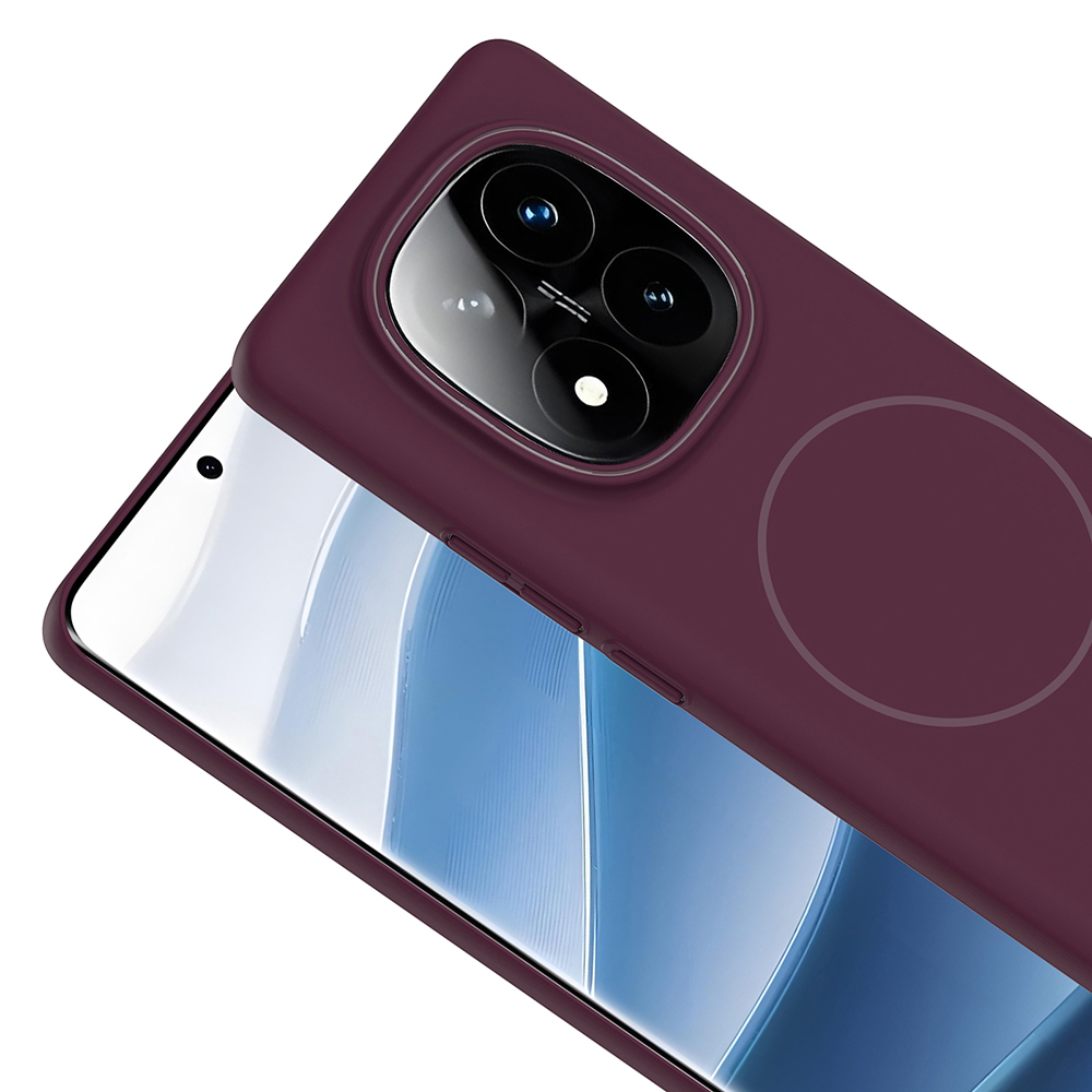 İçinde bir telefon bulunan bordo renkli bir telefon kılıfı. Kılıfın kamera çıkıntısı ve kablosuz şarj için bir dairesi var. Telefonun ekranı görünüyor.