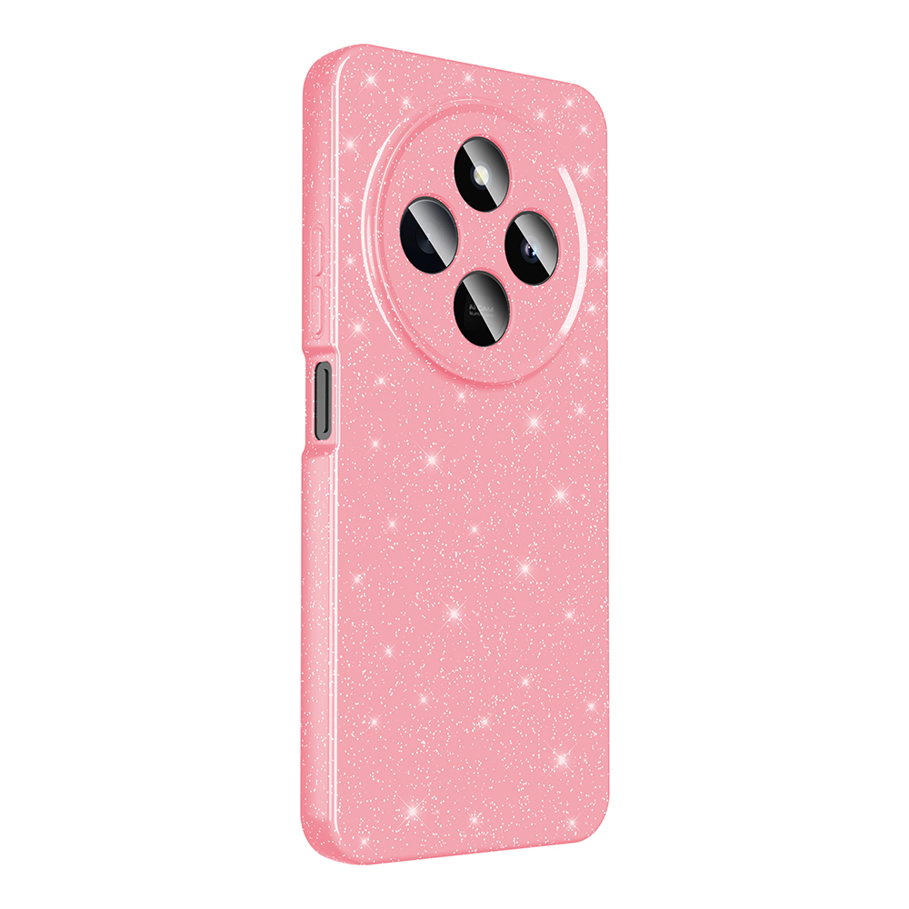Glitterli pembe bir telefon kılıfı. Dört lensli dairesel bir kamera tasarımına sahip. Yanda bir düğme ve bir bağlantı noktası var.