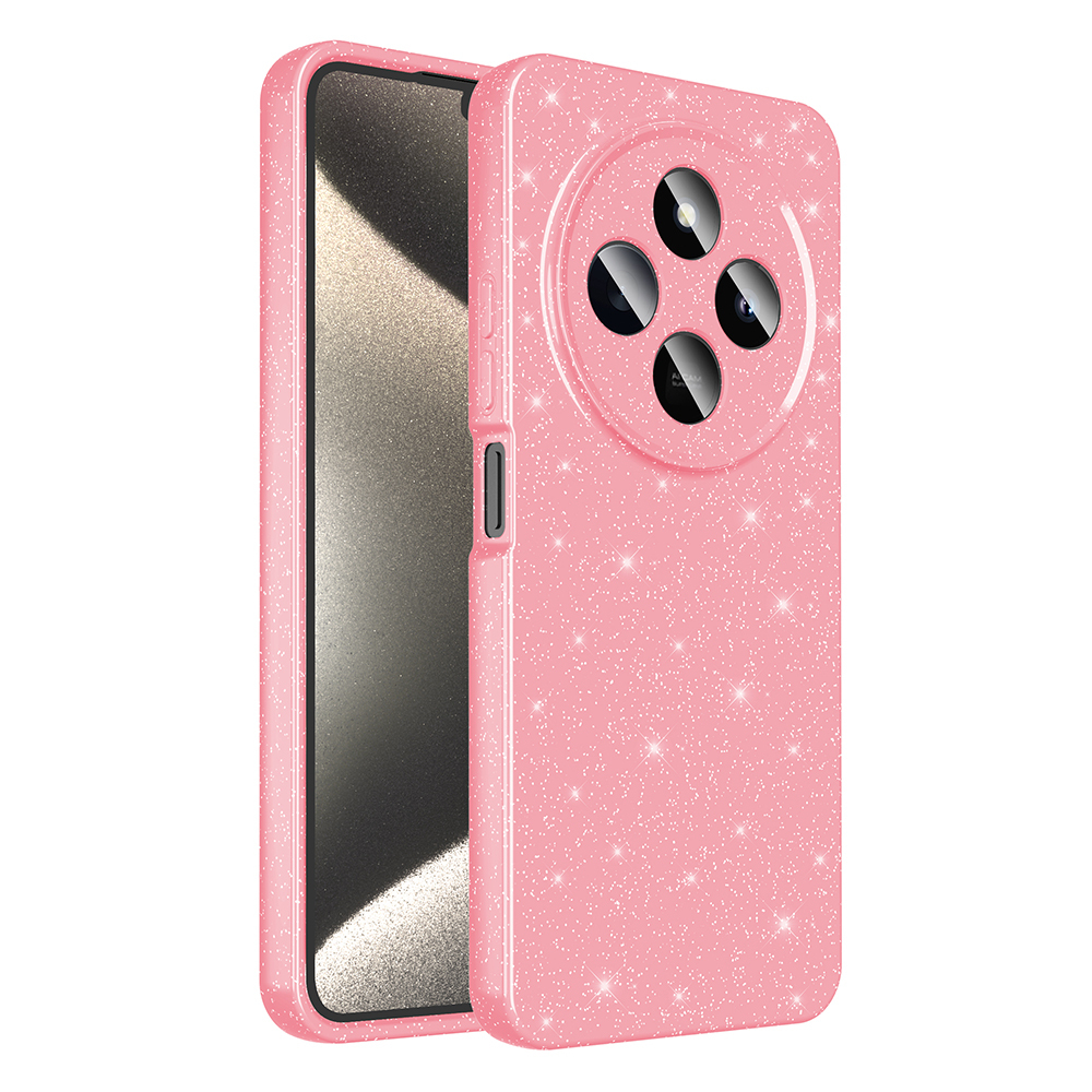 Simli pembe bir telefon kılıfı, kamera boşlukları ve siyah ekranlı. Kılıf açıktır, içindeki telefon görünür.