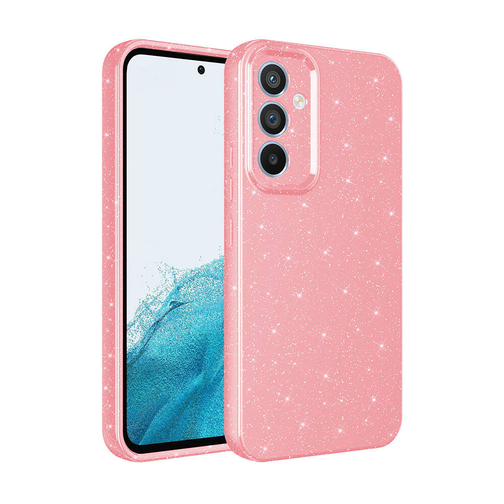 İçinde bir telefon bulunan, pembe renkli, ışıltılı bir telefon kılıfı. Kılıfın üç kamera deliği ve bulanık mavi bir görüntüsü var.