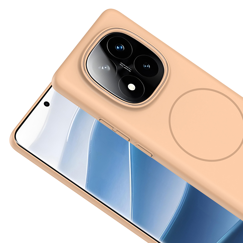 İçinde bir telefon bulunan şeftali rengi bir telefon kılıfı. Kılıfın dairesel bir girintisi var. Telefonun ekranı görünür.