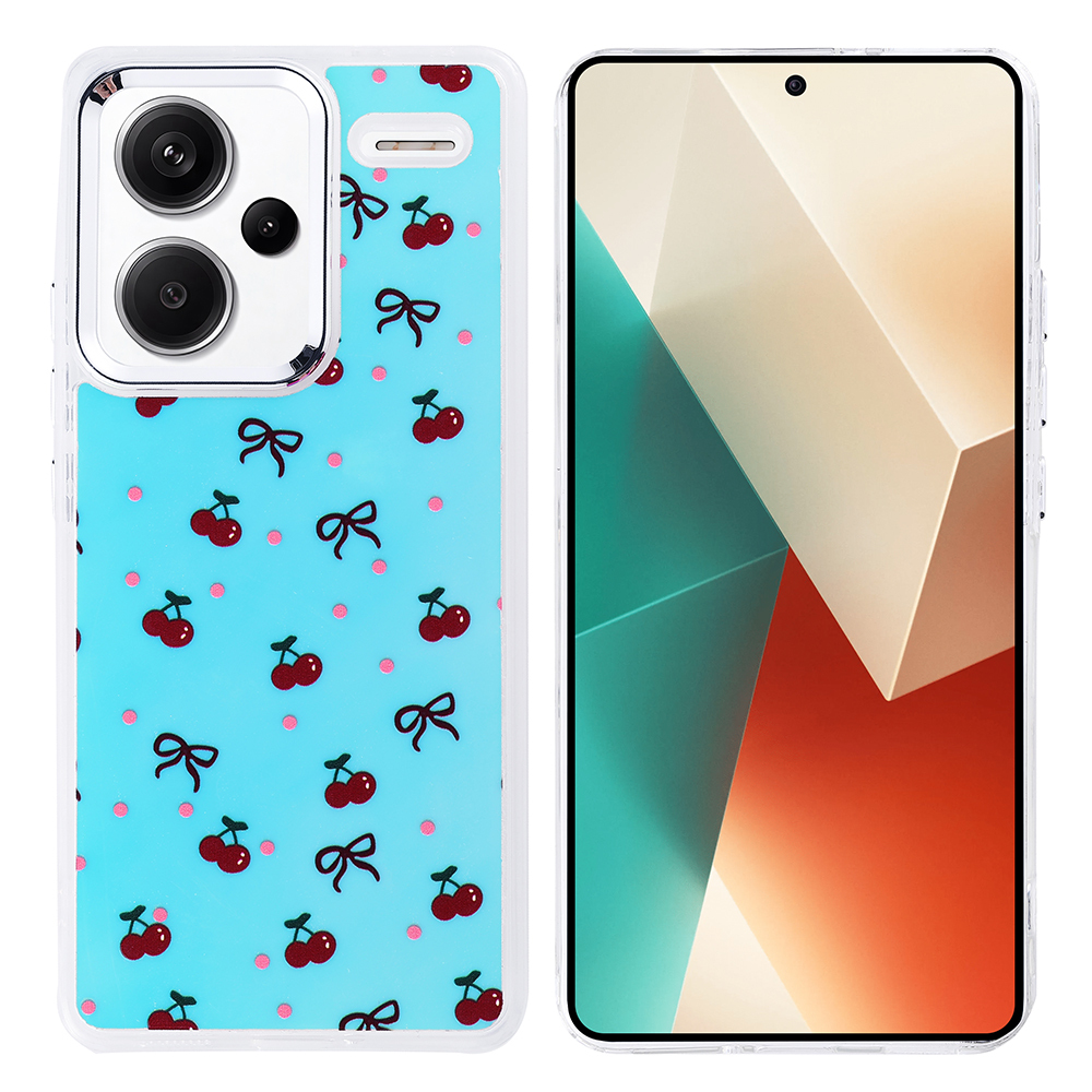 Kiraz ve kurdelelerle süslenmiş mavi kılıflı bir telefon. Ekran soyut geometrik şekiller gösteriyor.