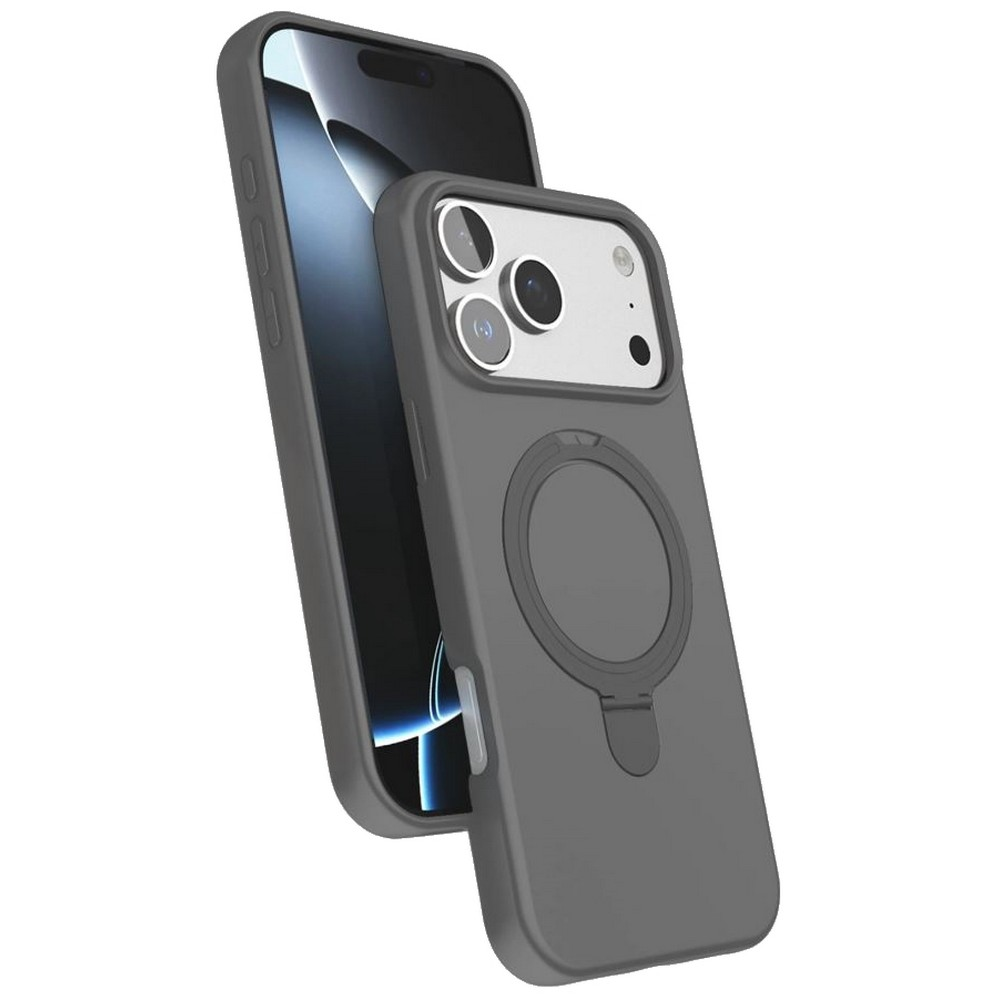 Yüzük tutuculu gri bir telefon kılıfı, siyah bir akıllı telefonun yanında. Kılıfın çoklu lensli bir kamera kesimi var.