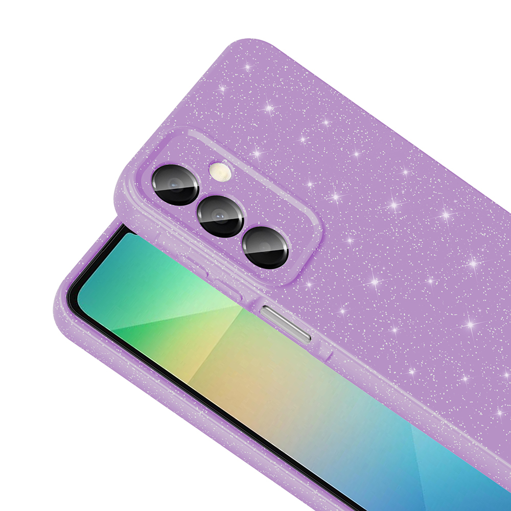 Üç kamera merceğine ve bir güç düğmesine sahip, ışıltılı mor bir telefon kılıfı. Telefonun ekranı sarı ve yeşil tonları gösteriyor.