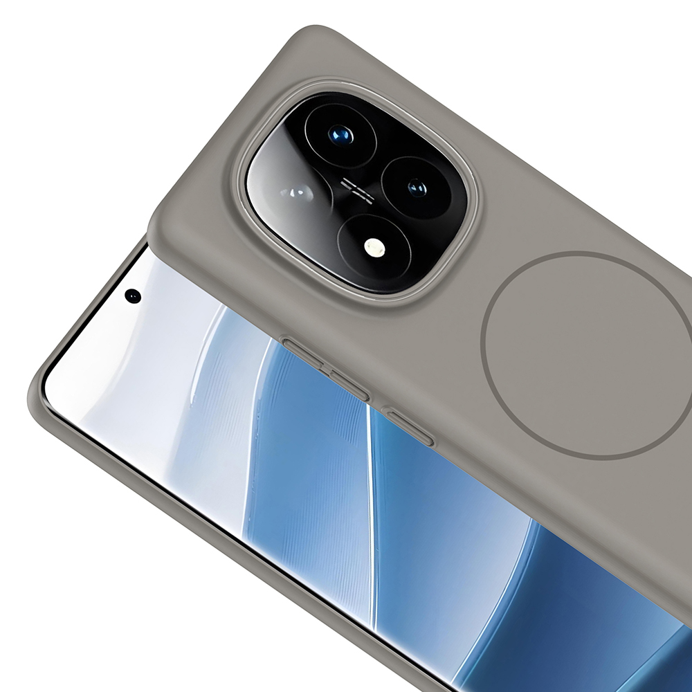 Kamera çıkıntısı ve dairesel tasarıma sahip gri bir telefon kılıfı, telefon ekranının üzerine yerleştirilmiş.