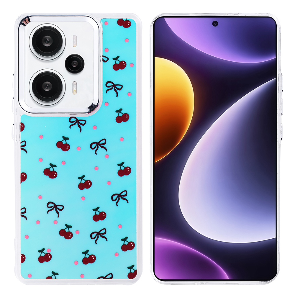 Kiraz ve fiyonk desenli telefon kılıfı. Telefon ekranı sarı, mor ve beyaz renk geçişi gösteriyor.