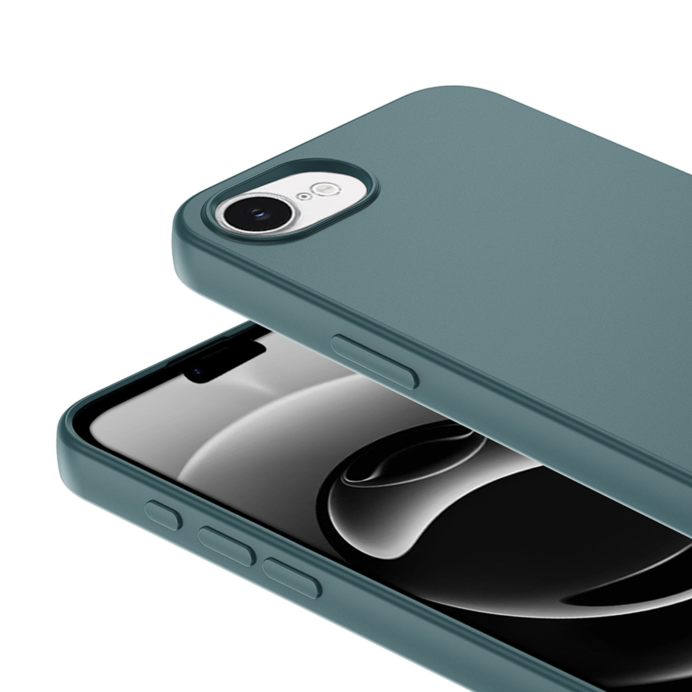 Teal renkli bir telefon kılıfı kısmen bir telefonu kaplar. Kamera ve düğmeler görünür. Arka plan beyazdır.