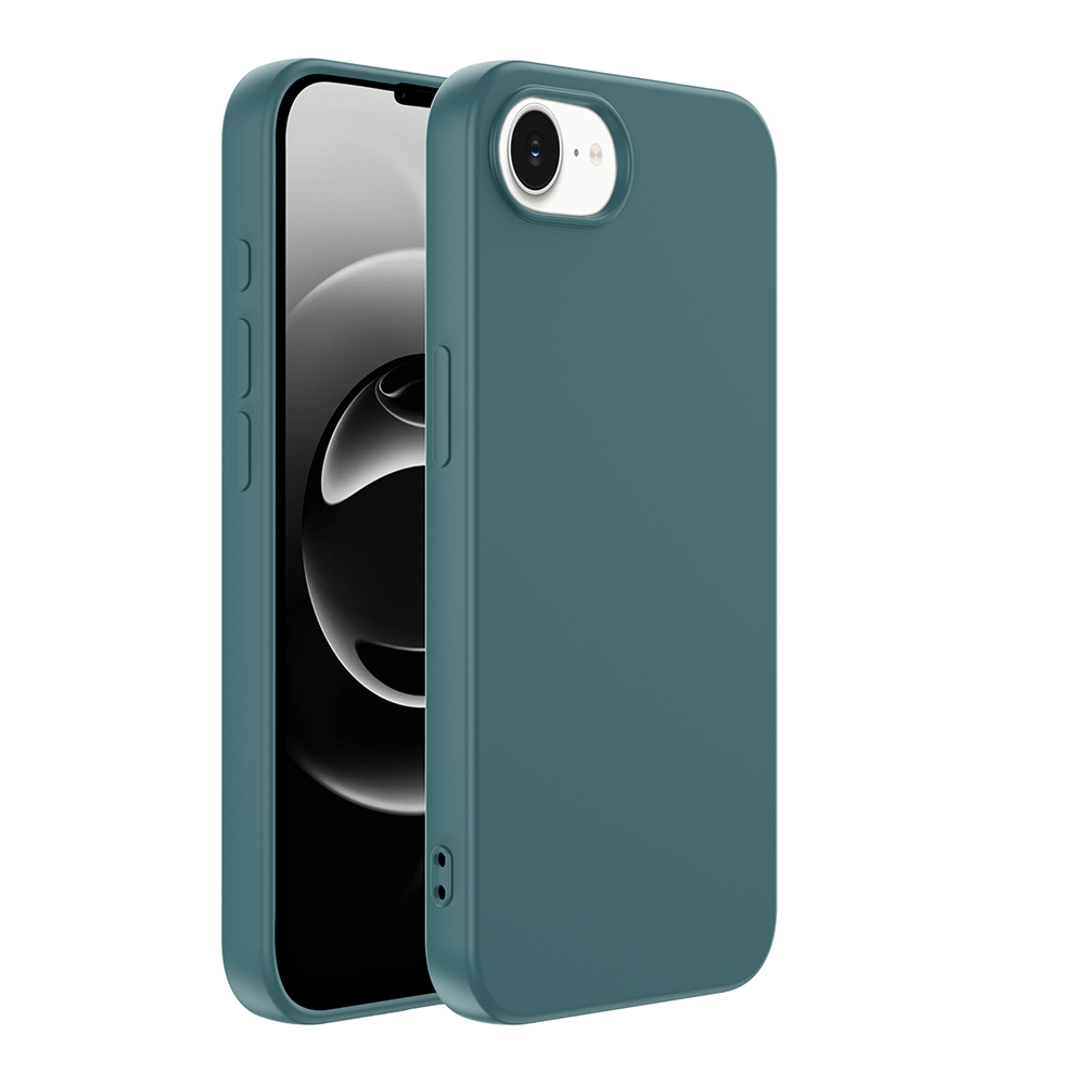 Teal renkli bir telefon kılıfının içindeki bir iPhone. Telefon kısmen görülebilir, ekranını gösterir. Kılıfın düğmeleri ve bir kamera kesimi vardır.