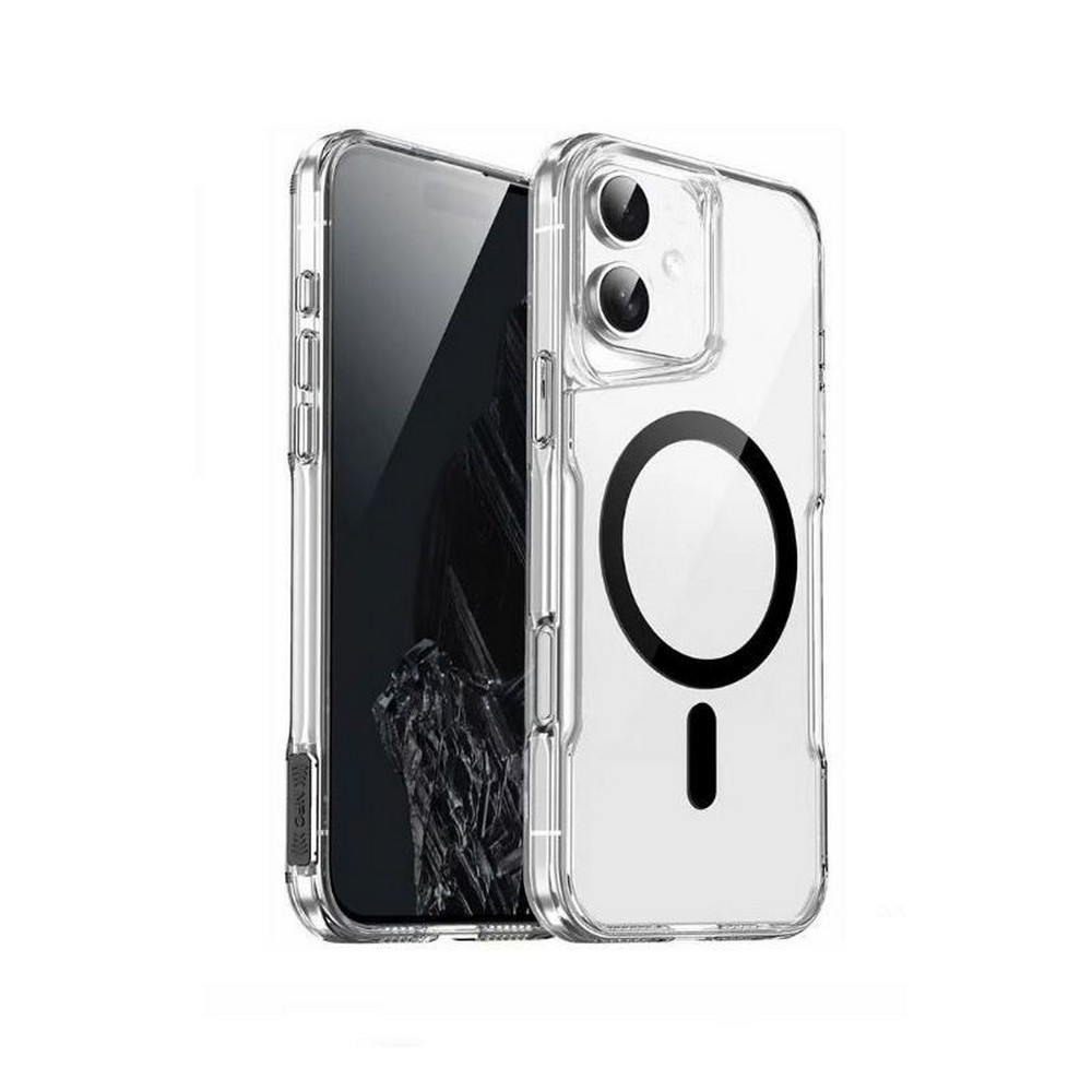 Siyah MagSafe çemberi ve içinde siyah bir telefon bulunan şeffaf telefon kılıfı. Kılıf şeffaftır.