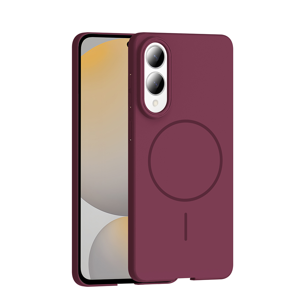 Manyetik halkalı bordo bir telefon kılıfı, kısmen takılı bir telefonu gösteriyor. Kılıf iki kamera lensine ve beyaz bir arka plana sahip.