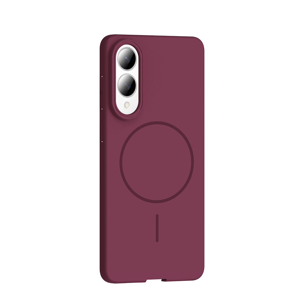 Kamera kesimi ve manyetik daire tasarımına sahip bordo telefon kılıfı. İki kamera merceği görünür.