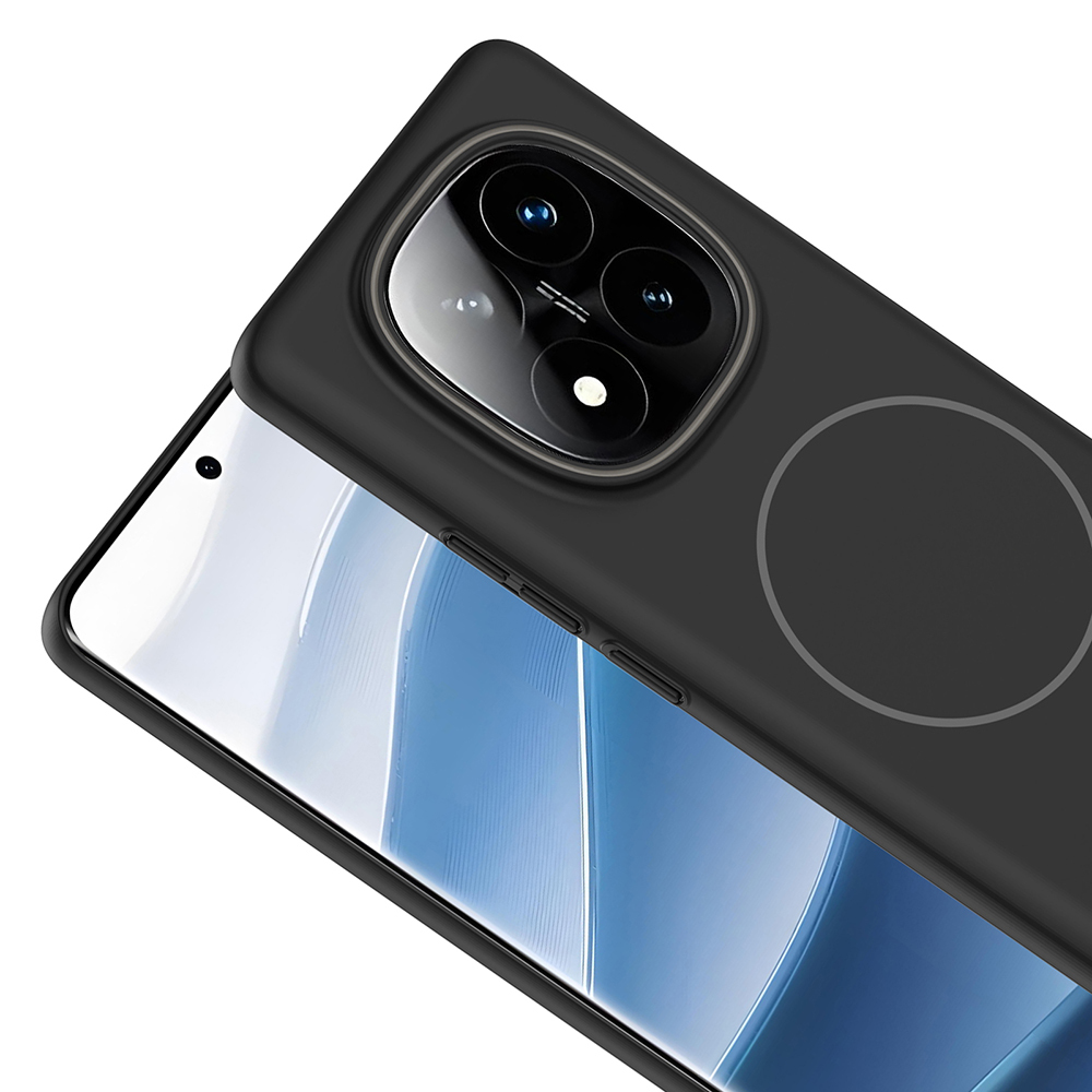 Kamera lensleri ve dairesel bir tasarıma sahip siyah bir telefon kılıfı. Telefon ekranı mavi desenlerle görünür.