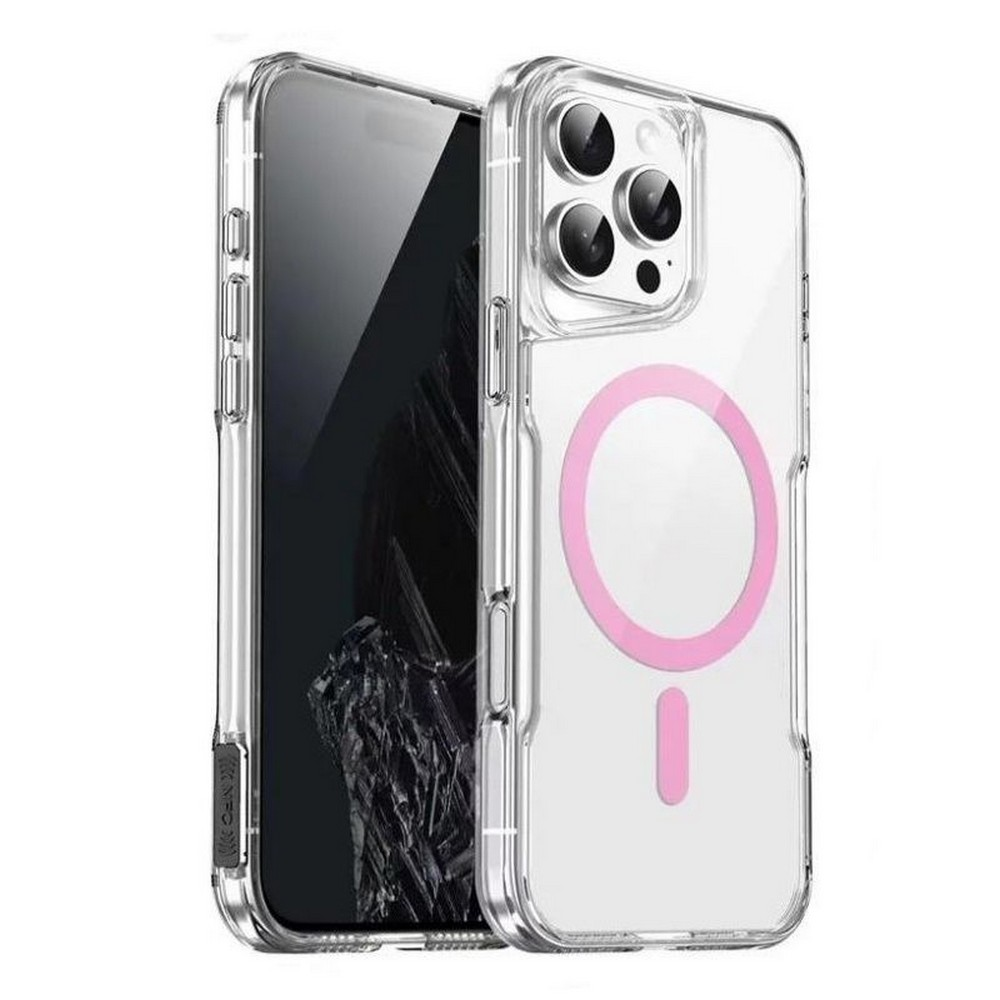 Pembe daire ve çizgiye sahip şeffaf telefon kılıfı. İçindeki telefonun siyah ekranı var.