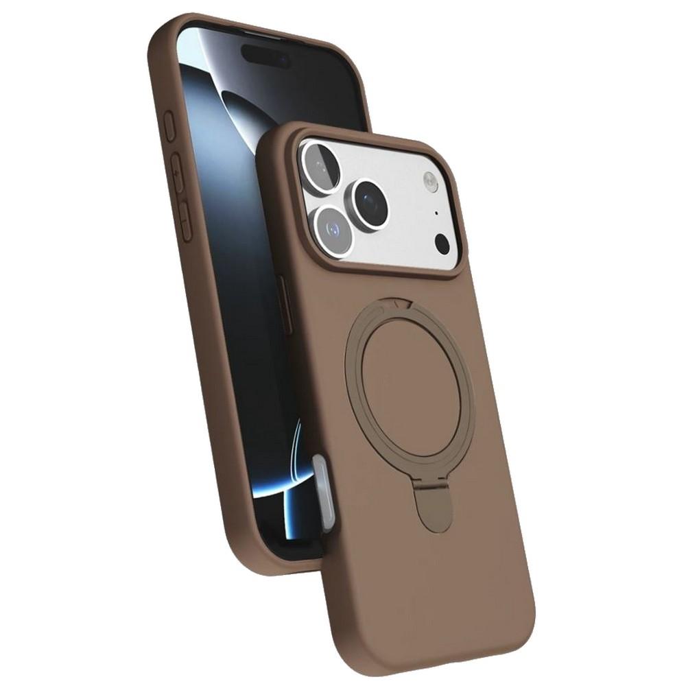 Halka tutucuya sahip kahverengi bir kılıfı olan bir iPhone. Telefon, gümüş kamera modülüne sahip siyahtır. Arka plan beyazdır.