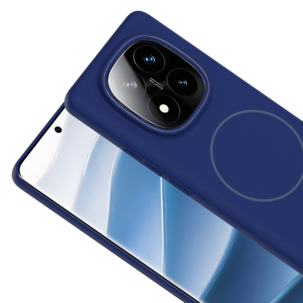 Kamera çıkıntısı olan lacivert bir telefon kılıfı. Telefon ekranı görünür durumda. Kılıfın arkasında gri bir daire var.