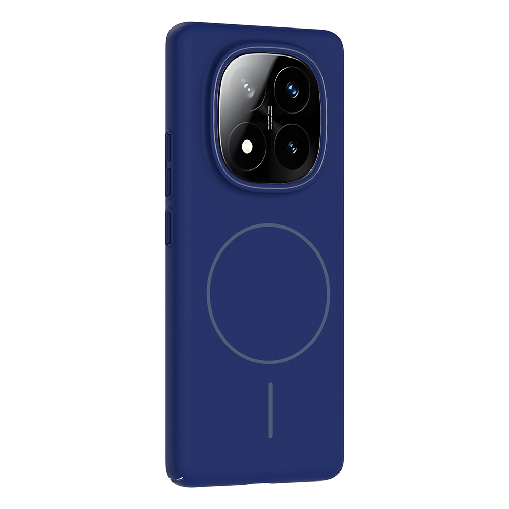 Kamera çıkıntılı lacivert bir telefon kılıfı. Arkada gri bir daire ve çizgi var. Kameranın üç lensi var.