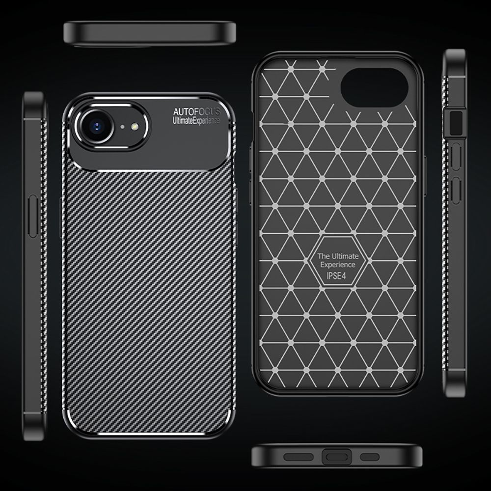 Karbon fiber ve geometrik desenler dahil olmak üzere farklı dokulara ve tasarımlara sahip siyah telefon kılıfları.