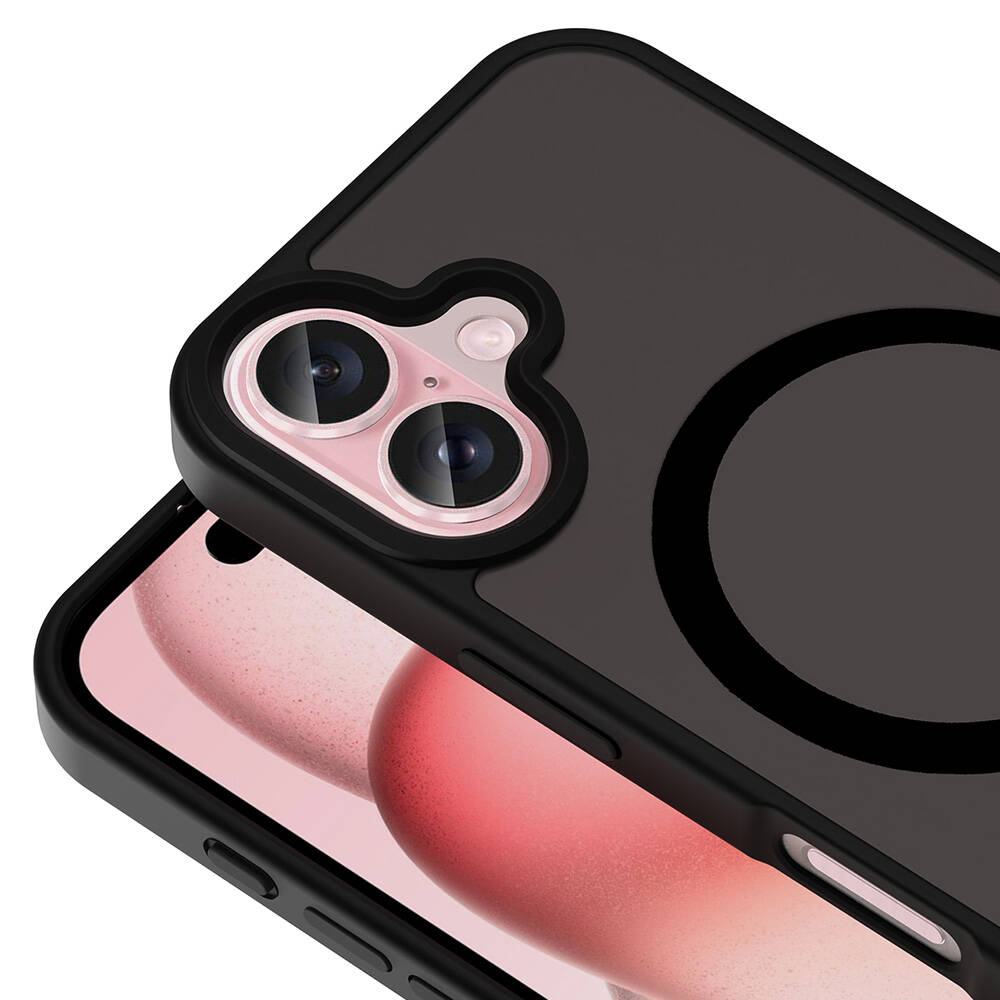 Telefon kılıfının yakın çekimi. Siyah çerçeve, şeffaf arka. İki lensli, bir ışıklı ve siyah bir daireli pembe kamera konturu.