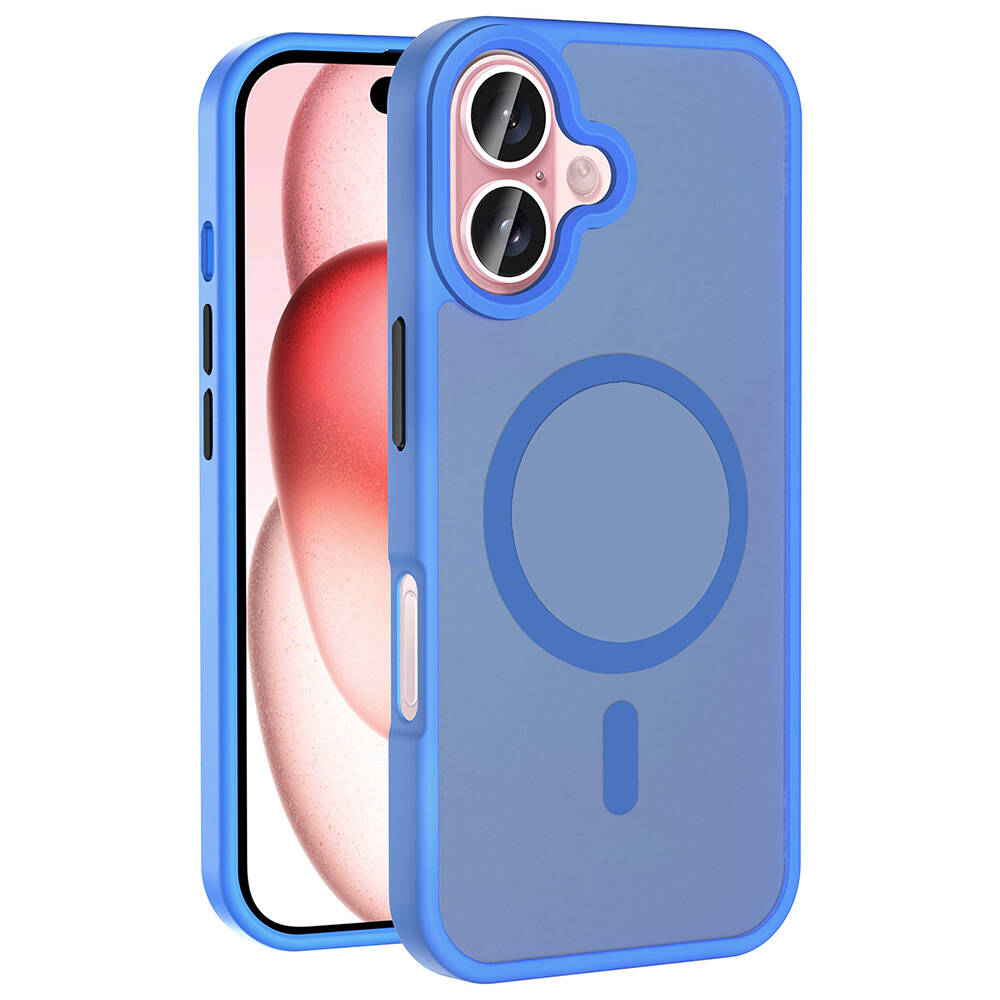 İçinde pembe bir telefon bulunan mavi ve şeffaf telefon kılıfı. Kılıfın manyetik bir halkası ve bir düğmesi var.