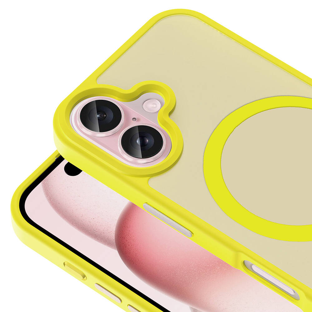 Sarı bir telefon kılıfı bir telefonun üzerine yerleştirilir. Kılıfın şeffaf bir arka kısmı ve sarı bir çerçevesi vardır. Ekranda pembe renk gösteriliyor.
