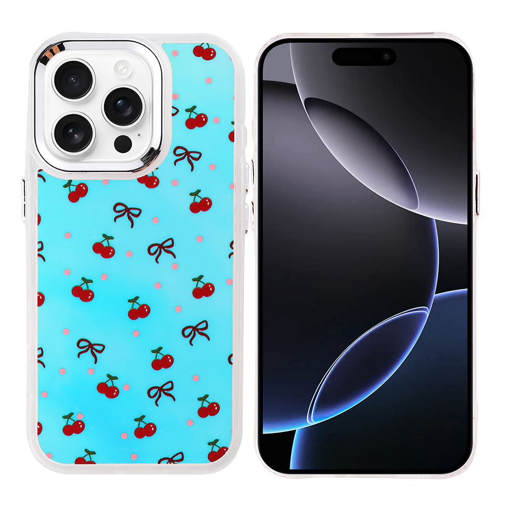 İki telefon. Biri mavi kiraz desenli kılıfla, diğeri siyah ekranla. Kılıfta kiraz ve kurdeleler var.