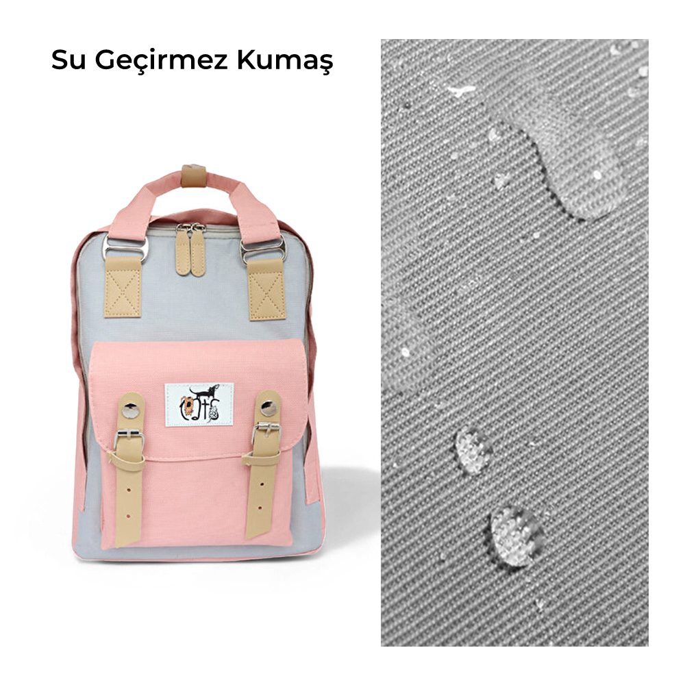 Pembe, gri ve bej renkli, suya dayanıklı kumaş detaylı bir sırt çantası. Sağ taraftaki gri kumaş üzerinde su damlacıkları görülüyor.