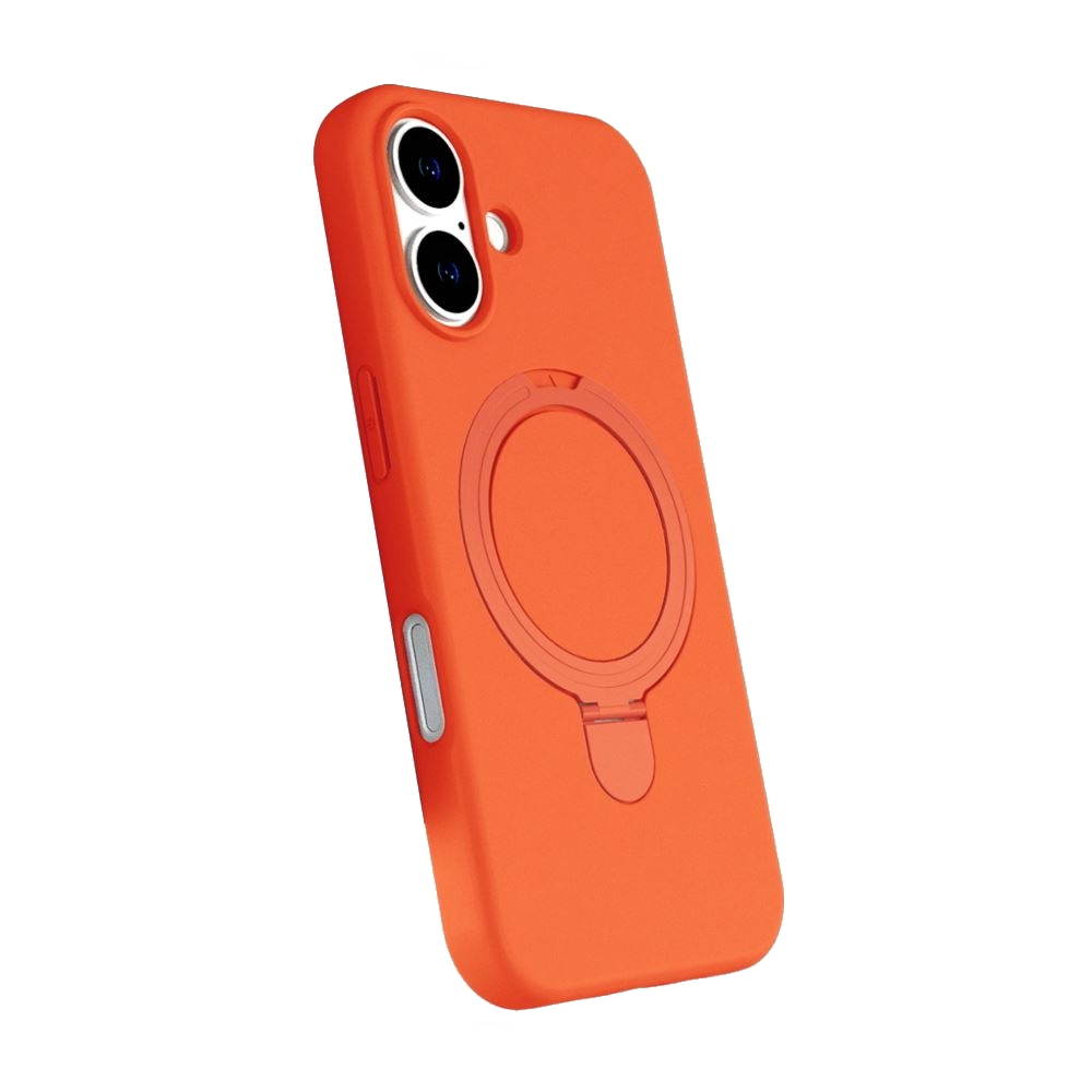 Halkalı tutucuya sahip turuncu bir telefon kılıfı. Kılıfın iki kamera merceği ve bir yan düğmesi vardır. Arka plan beyazdır.