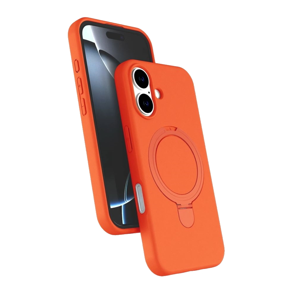 Bir standı olan turuncu bir telefon kılıfı, bir telefonun yanında. Telefon ekranı siyahtır. Kılıfın arkasında bir halka var.
