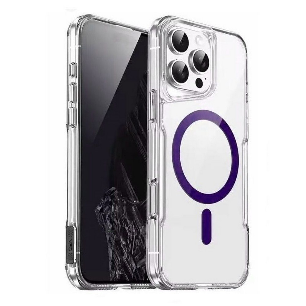 Mor MagSafe halkası ve kamera lenslerine sahip şeffaf iPhone kılıfı. Telefonun ekranı karanlık. Kılıf şeffaf.