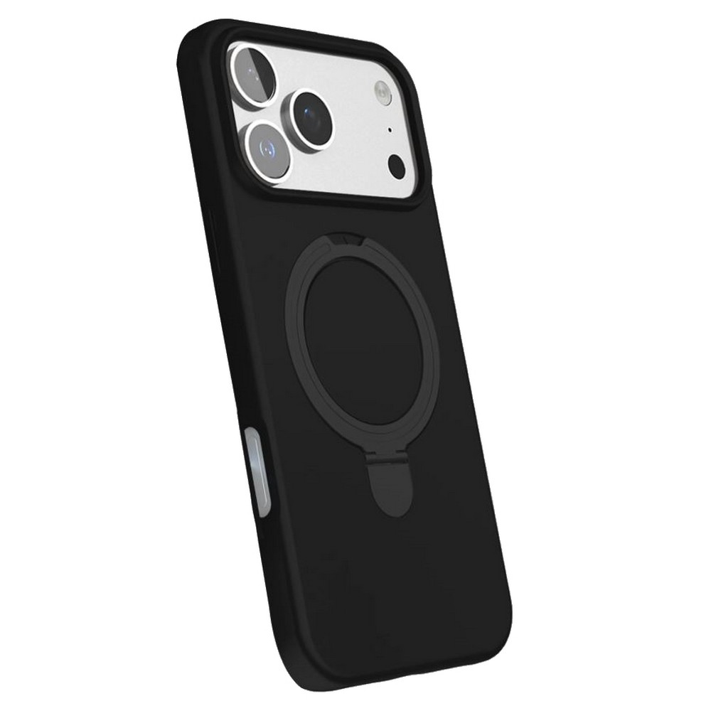 Kamera modülüne sahip siyah telefon kılıfı. Kılıfın bir halka tutucusu var. Kamera modülü gümüş ve siyah renktedir. Arka plan beyazdır.