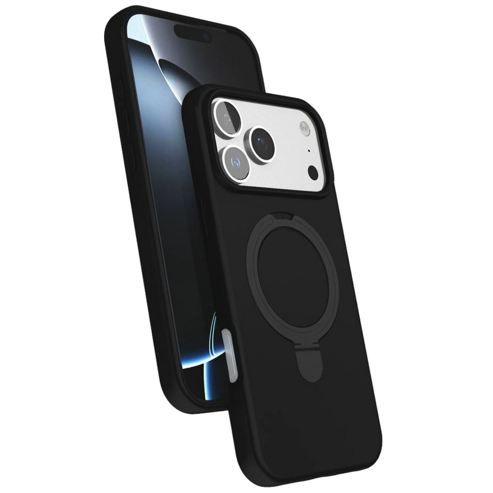Siyah bir iPhone, siyah bir kılıfla. Kılıfta MagSafe halkası ve kamera koruması var. Telefon beyaz bir arka plan üzerinde.