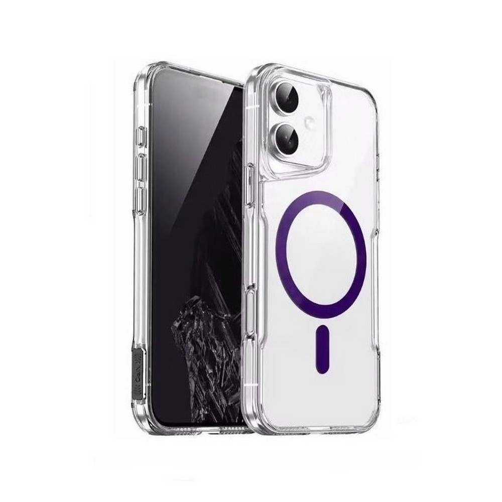 Mor bir daire ve çizgiye sahip şeffaf bir telefon kılıfı, siyah bir telefon ekranının üzerinde. İki kamera görünür.