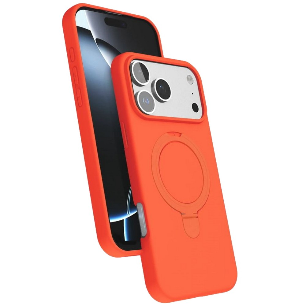 Dahili halka standlı turuncu bir telefon kılıfı, siyah bir akıllı telefona takılıdır. Kılıfın kamera kesimi ve düğmeleri vardır.