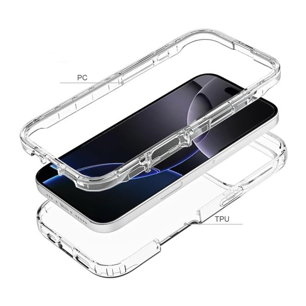 Şeffaf bir telefon kılıfı sökülmüş, PC ve TPU katmanları gösteriliyor. Telefon kılıfın içinde, ekran görünür durumda.