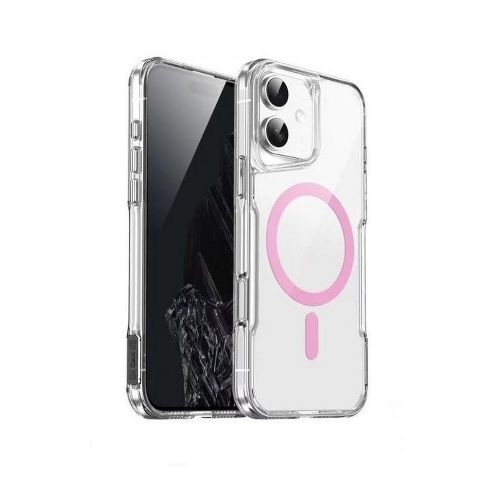 Pembe bir daire ve çizgiye sahip şeffaf bir telefon kılıfı, siyah bir telefonun yanında. Kılıfın iki kamerası var. Beyaz zemin.