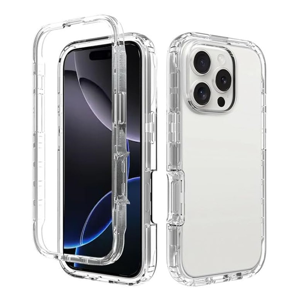 Şeffaf telefon kılıfları ve bir telefon sergileniyor. Bir kılıf açık, ekranı gösteriyor. Diğeri kapalı, kamera lenslerini gösteriyor.