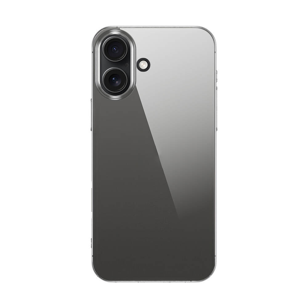 Gri geçişli arka yüzeye sahip şeffaf telefon kılıfı. Kılıfın çift kamera kurulumu ve üstte küçük siyah bir daire var.