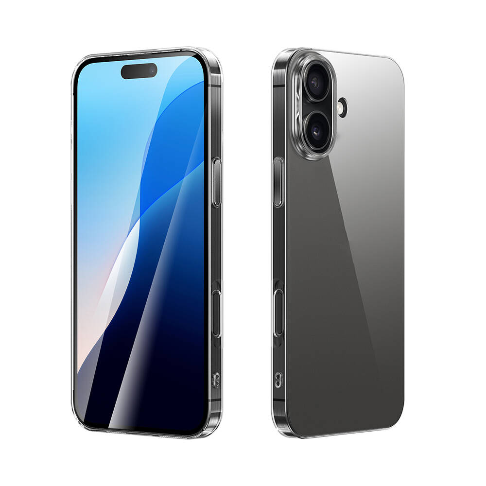 İki şeffaf telefon kılıfı. Biri mavi dalga desenli ekranı gösteriyor. Diğeri kamera detaylarıyla arka tarafı gösteriyor.