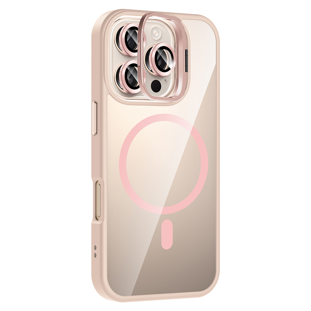 Pembe detaylı şeffaf telefon kılıfı. Kamera lens kapağı, pembe daire ve küçük pembe dikdörtgen içerir. Kılıf şeffaftır.