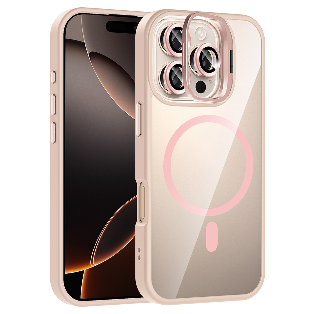 Şeffaf bir kılıf içinde bir telefon. Kılıf, pembe bir daire ve çizgi tasarımıyla açık pembedir. Telefonun siyah bir ekranı var.