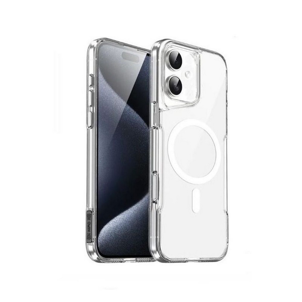 İçinde bir telefon bulunan şeffaf bir iPhone kılıfı. Kılıfın dairesel bir tasarımı vardır ve telefonun kamerası görünür.