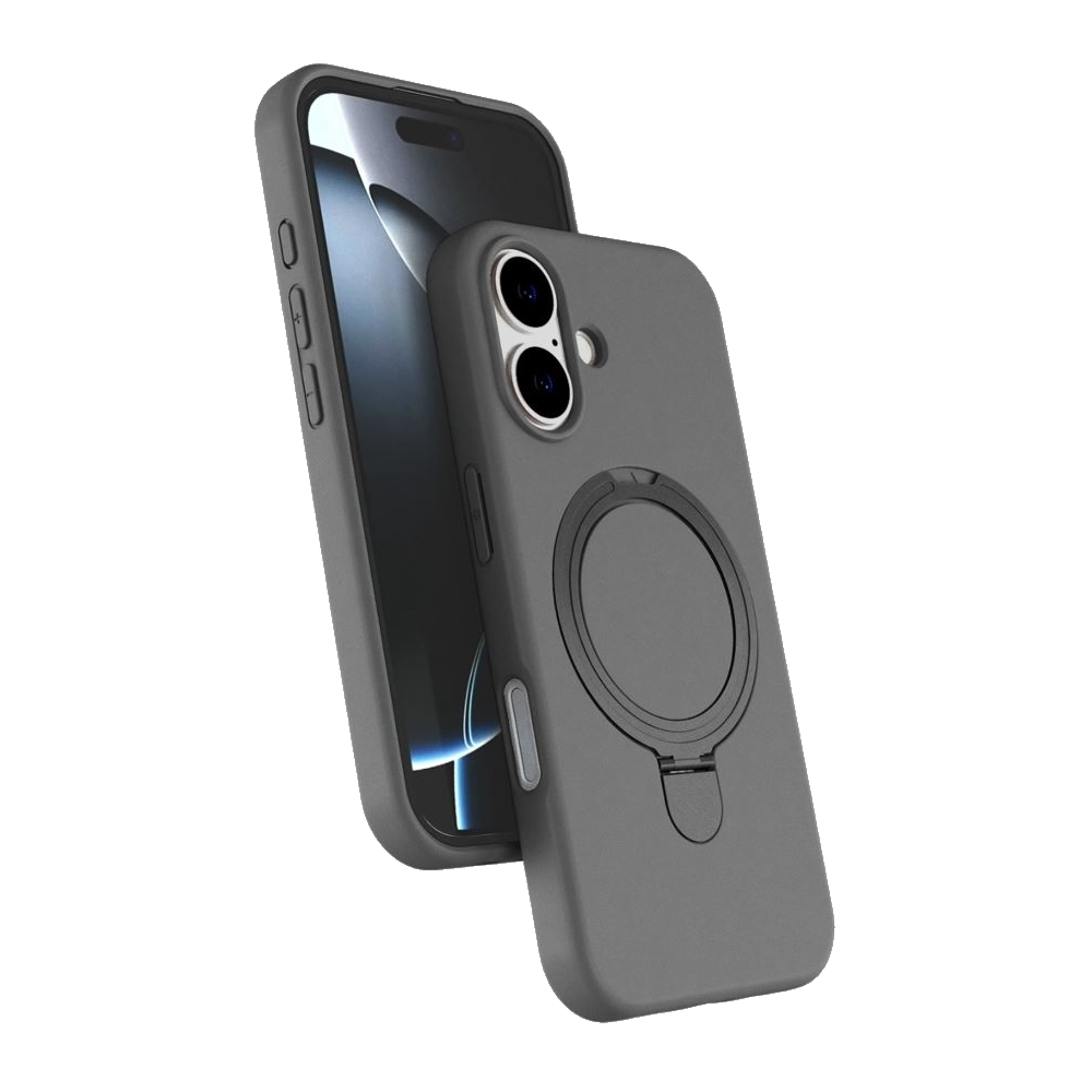 Gri bir telefon ve kılıfı. Kılıfın halka tutucusu var. Telefon hafif açılı, ekranı ve kılıfın detaylarını gösteriyor.