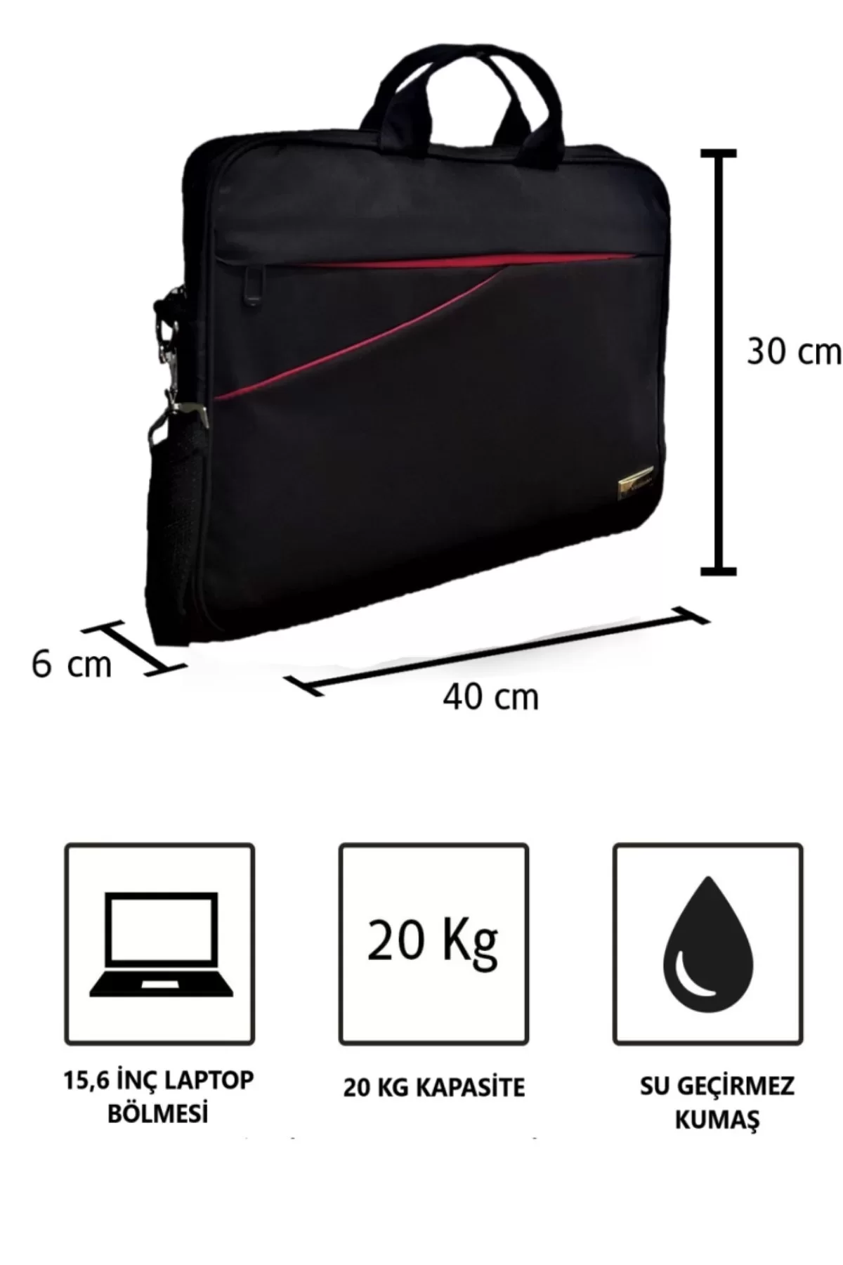 Kırmızı şeritli siyah laptop çantası. Ölçüler: 40x30x6 cm. Özellikler: 15,6 inç laptop bölmesi, 20 kg kapasite, su geçirmez kumaş.