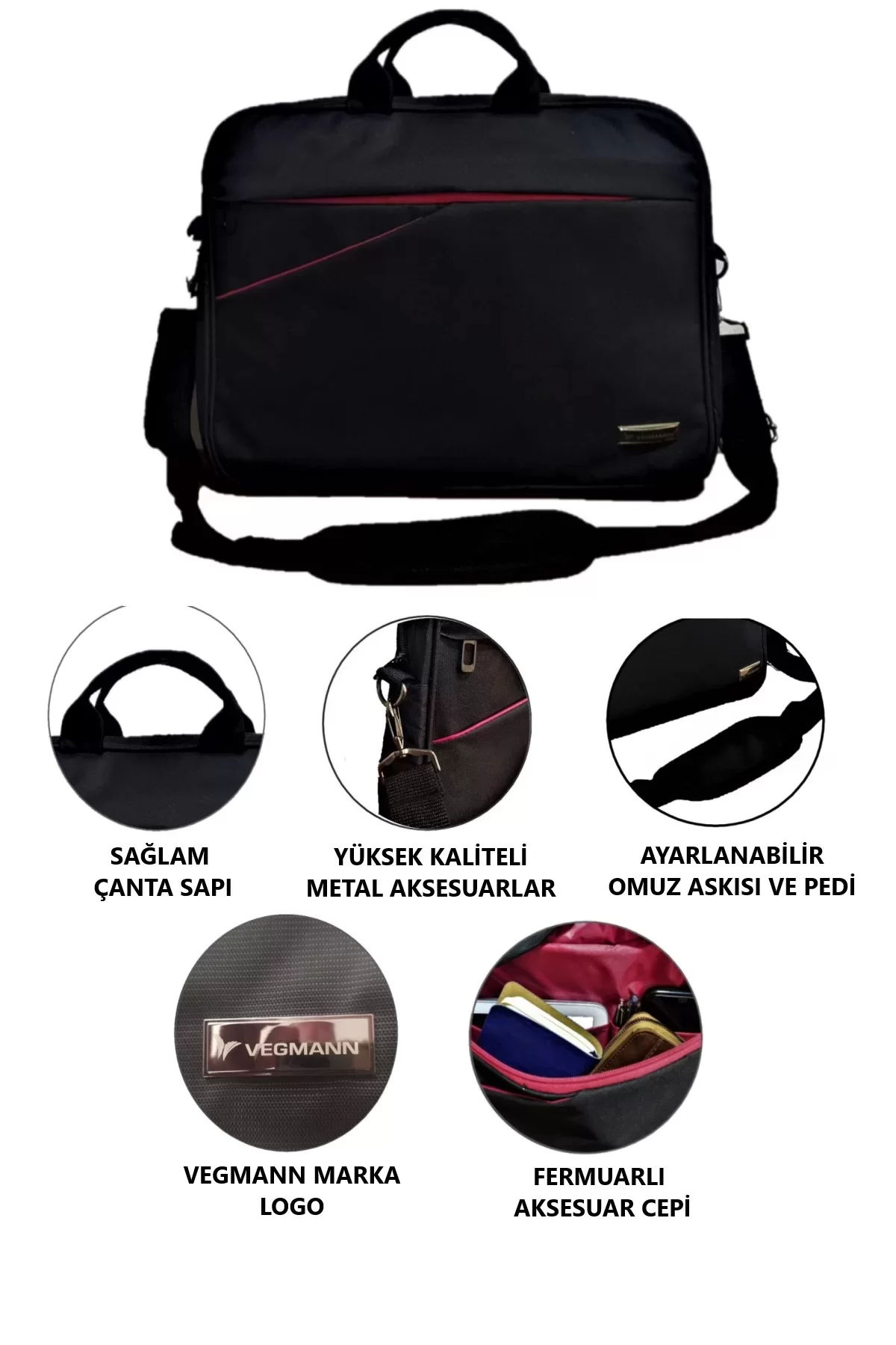 Kırmızı detaylı siyah laptop çantası, sap, omuz askısı ve metal donanım. Vegmann logosu ve aksesuar cebi içerir.