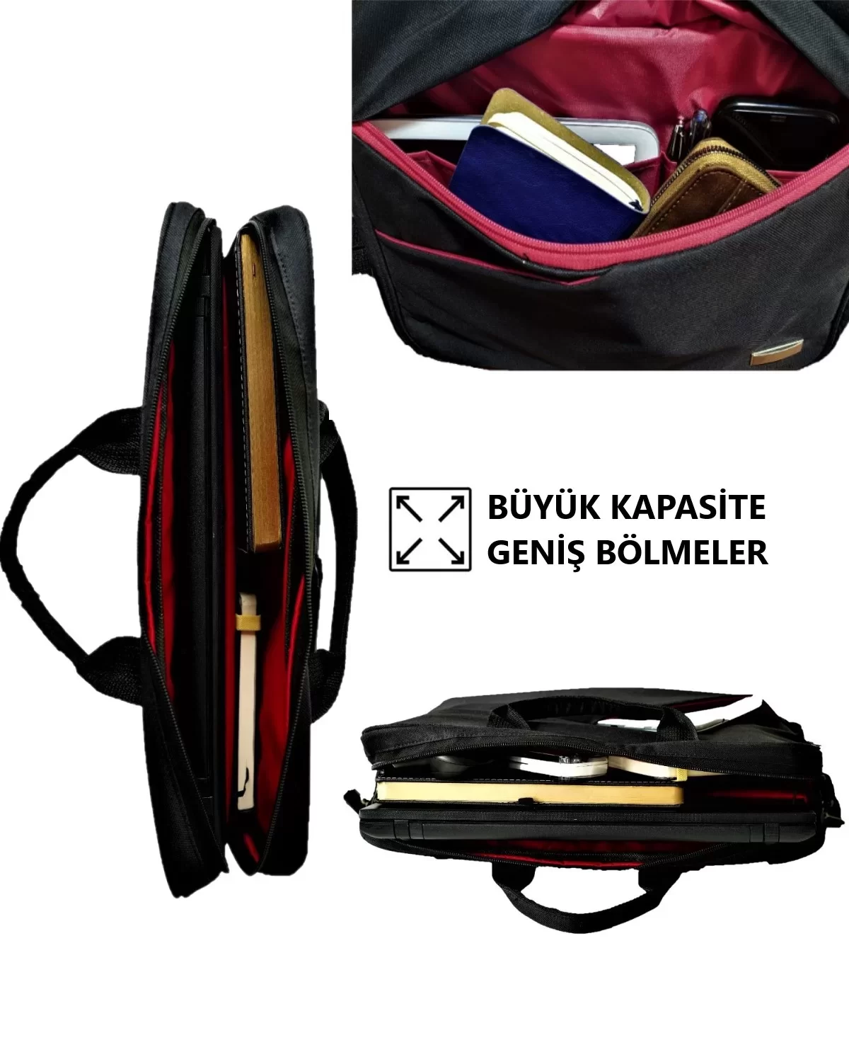 Kırmızı iç kısma sahip siyah laptop çantası. Laptop, kitap ve aksesuarlar içerir. Metin: 'BÜYÜK KAPASITE GENIS BÖLMELER'.