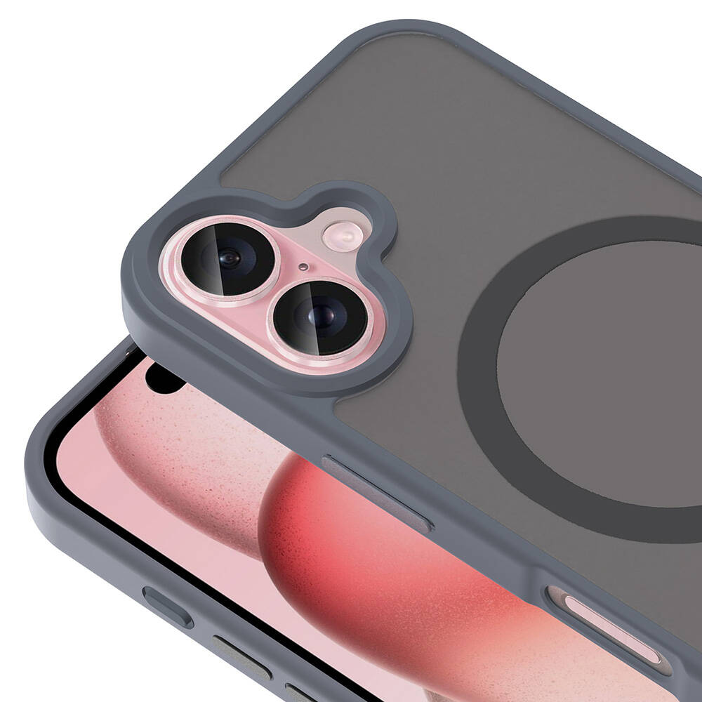 Bir telefon kılıfının yakın çekimi. Pembe kamera kesimi ve arkada gri bir daire bulunan gri kılıf. Ekran pembe ve kırmızı gösteriyor.