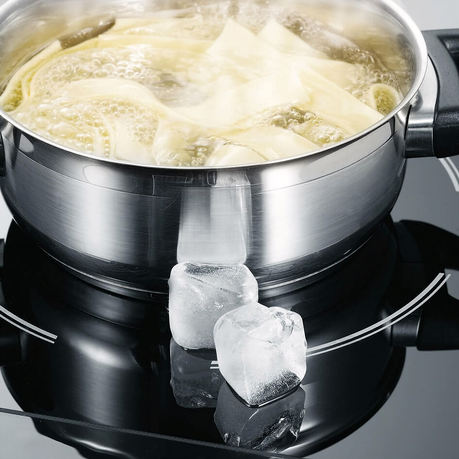 Garnek ze stali nierdzewnej z gotującym się makaronem na czarnej płycie. Kostki lodu poniżej. Para wodna.