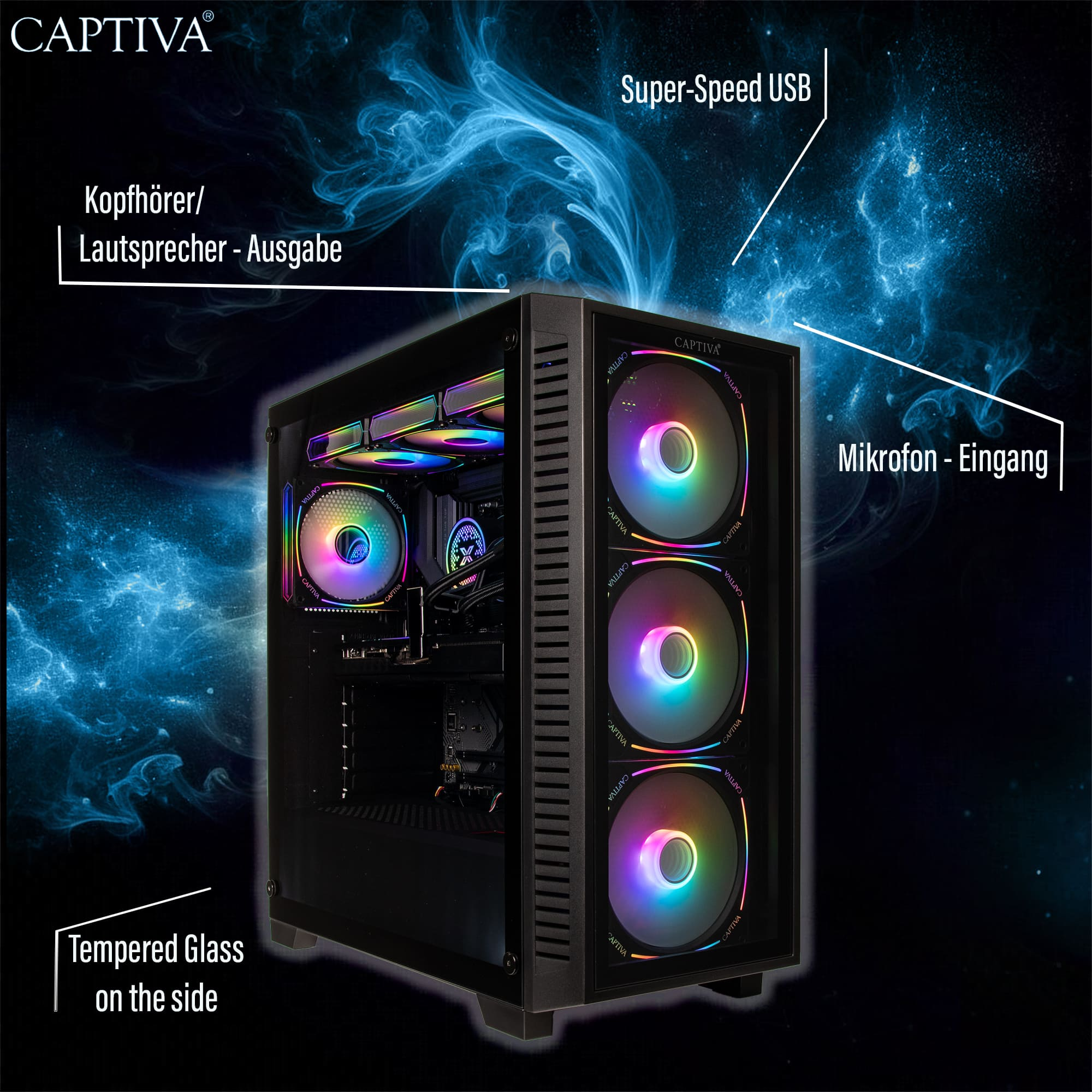 Een zwarte pc-kast met gehard glas, meerdere ventilatoren met gekleurde lichten en labels.