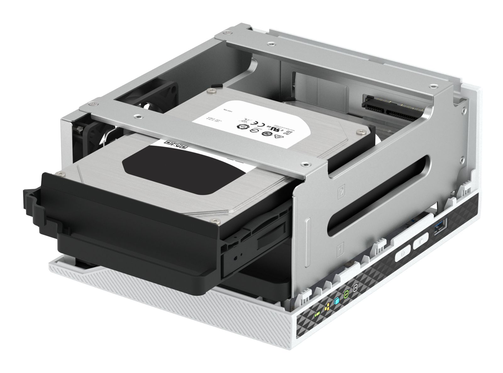 Ein silbernes und schwarzes Computer-Festplattengehäuse. Eine Festplatte ist teilweise eingesetzt. Das Gehäuse ist weiß und silber.