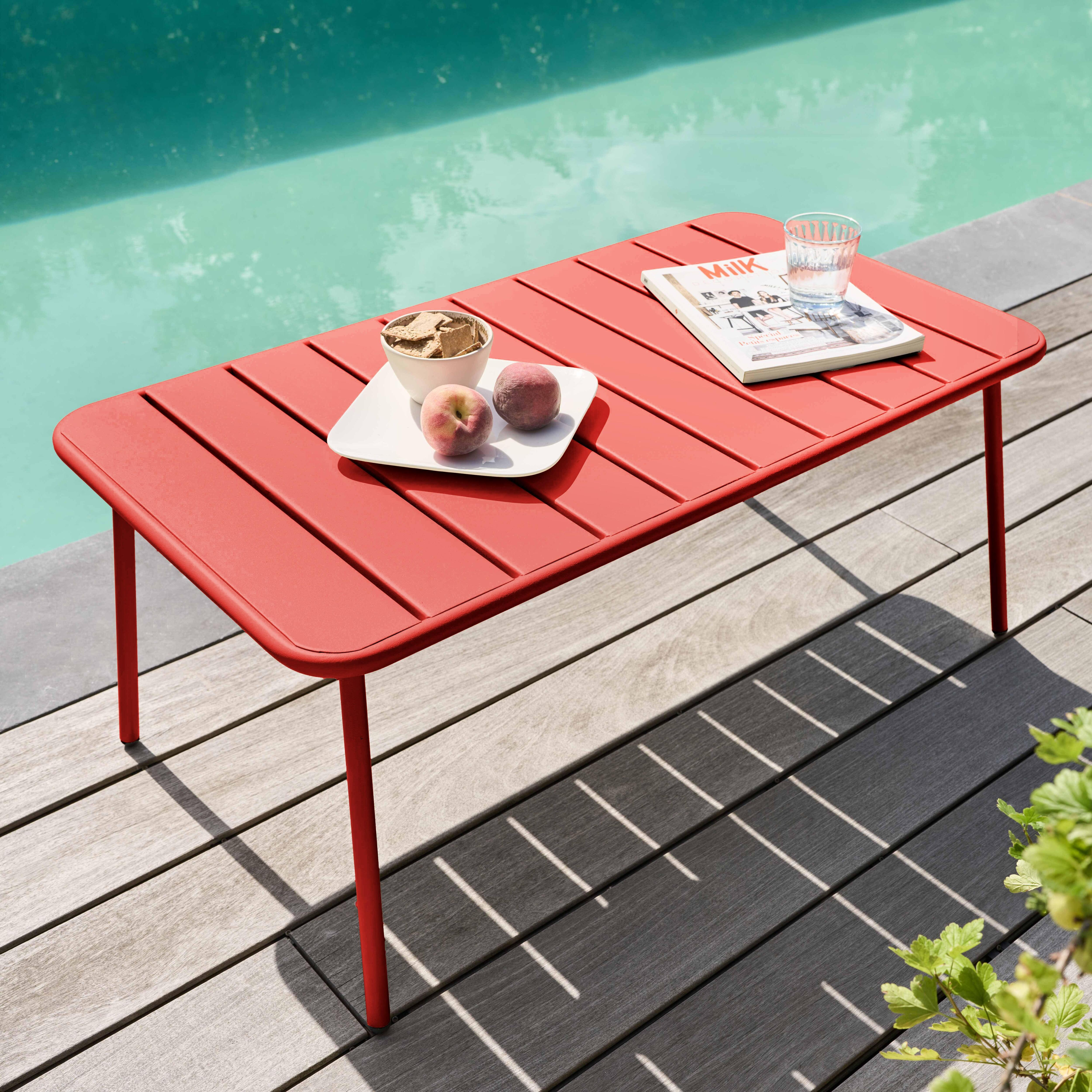 Ein roter Tisch mit Snacks und einem Getränk steht am Pool. Pfirsiche und eine Zeitschrift liegen auf dem Tisch.